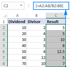 Dividing one column by another with an array formula