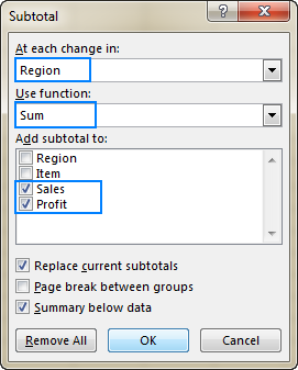 Specify the column to group by, summary function, and columns to subtotal.