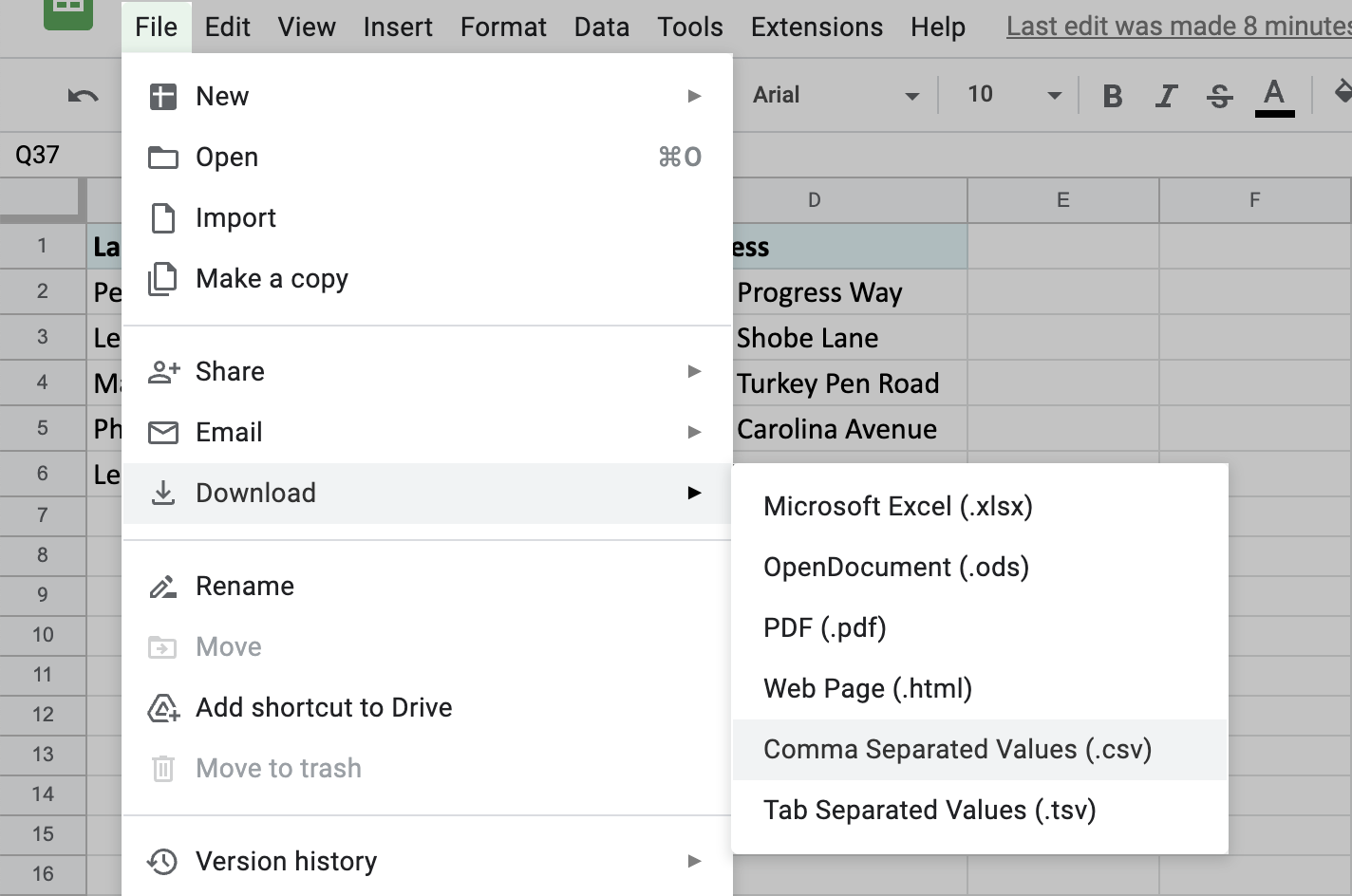 Download the sheet as .csv