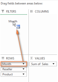 Drag and drop fields between the 4 areas of the Layout section using the mouse.