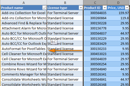 Drag several columns in Excel using the mouse.