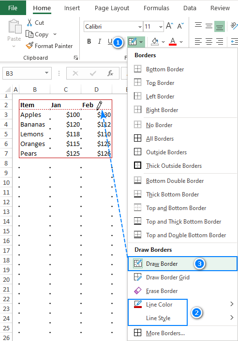 Drawing a border in Excel