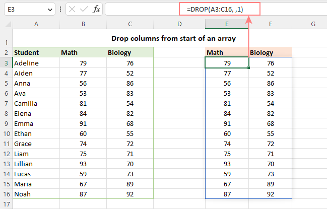 Drop a specified number of columns from the beginning of a range.