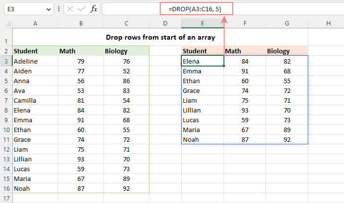 Drop rows from the beginning of a range.