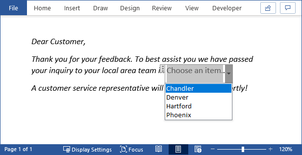 A dropdown box in a Word document