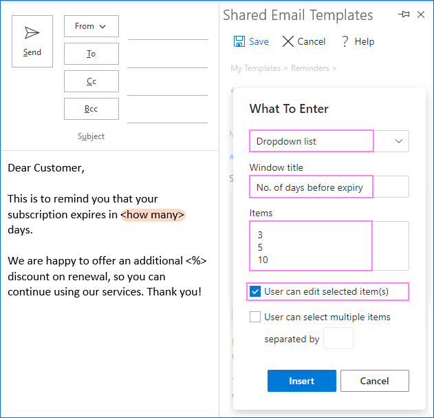 Configuring a dropdown list for an email template