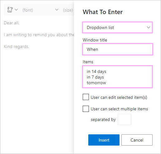 Create a dropdown list with time phrases.