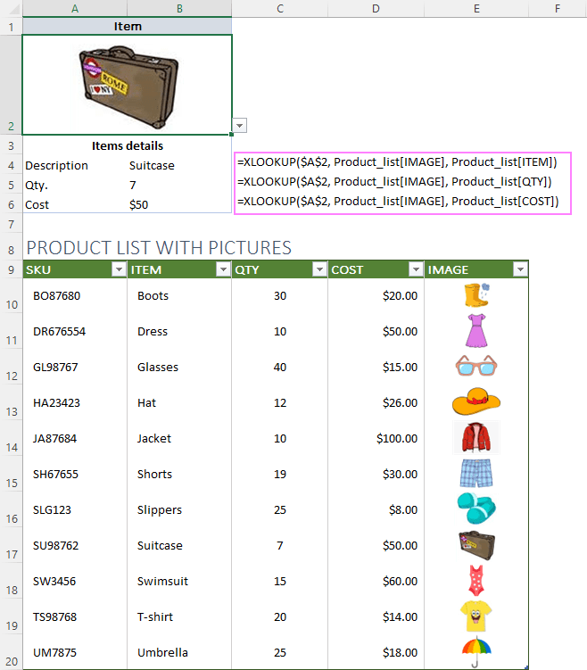 A drop down list with pictures in Excel.