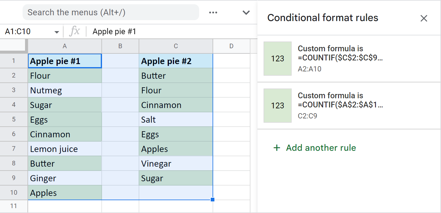 Highlight values that appear in both columns.