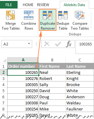 Select any cell within the source table and click the Duplicate Remover button on the ribbon.