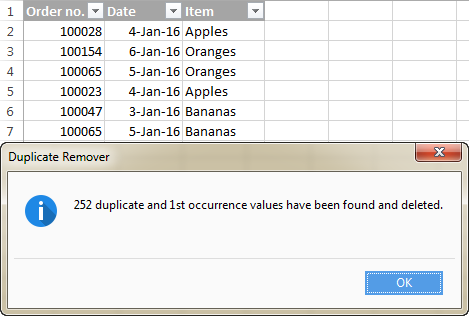 Duplicate rows have been found and deleted.