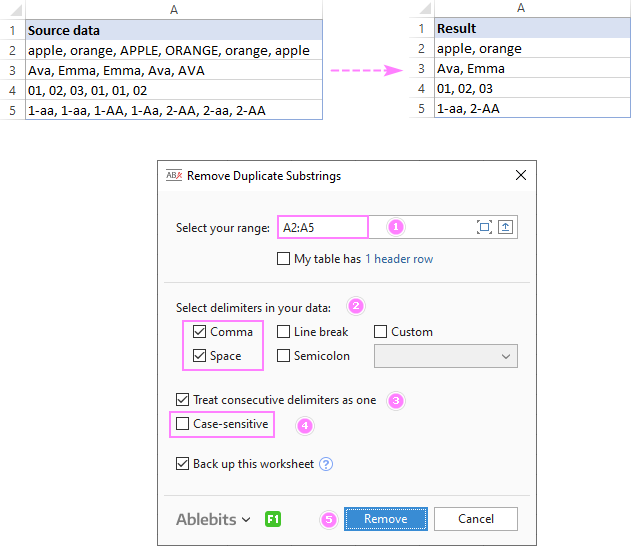 Removing duplicated text in Excel without VBA