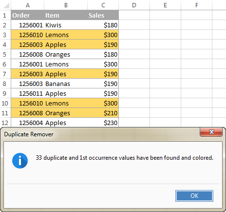 Duplicate rows are highlighted with the selected color.