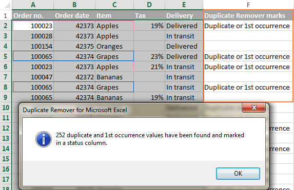 Hundreds of rows have been checked and duplicates located.