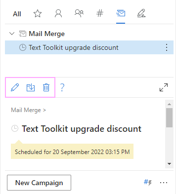 Edit, move, or delete a scheduled mail merge campaign.