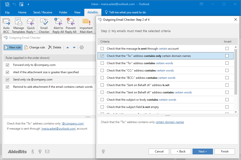 Set criteria to check your outgoing emails in Outlook