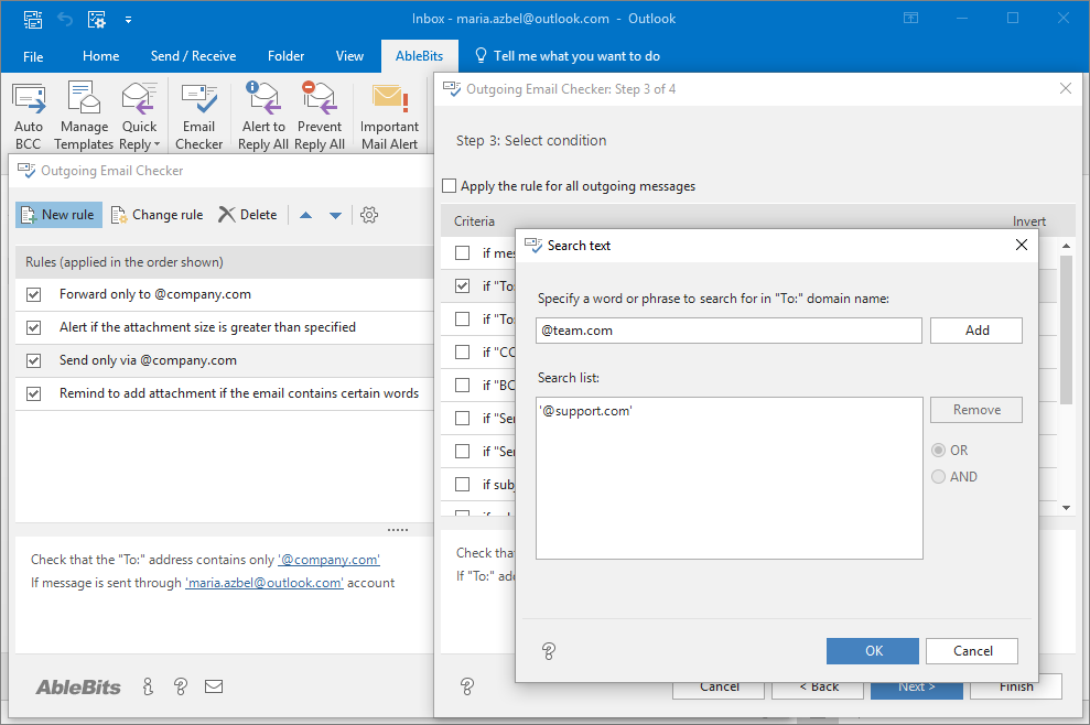 Add keywords to specify your criteria for checking emails in Outlook