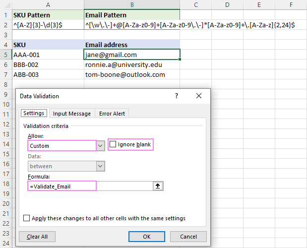 Setting up email data validation