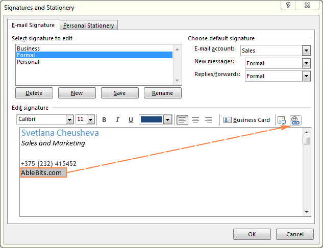 Adding a hyperlink to Outlook signature