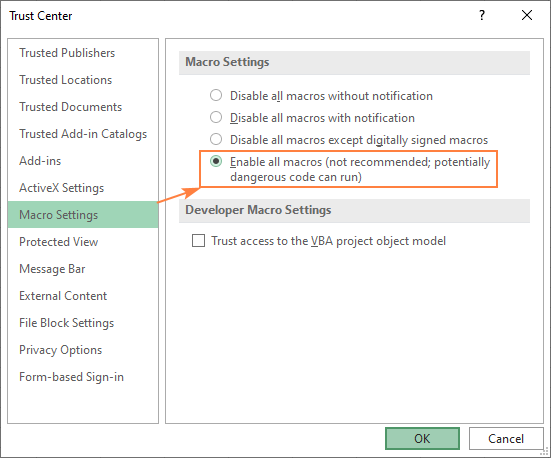 Enable all macros in Excel by default.