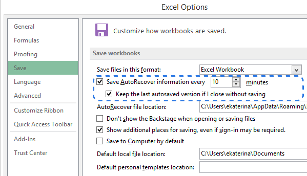 Go to the Save tab in the Excel Options dialog to configure the AutoSave / AutoRecover settings