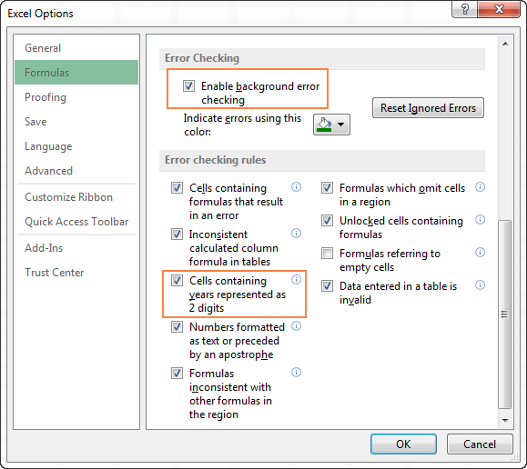 Turning on Error Checking in Excel