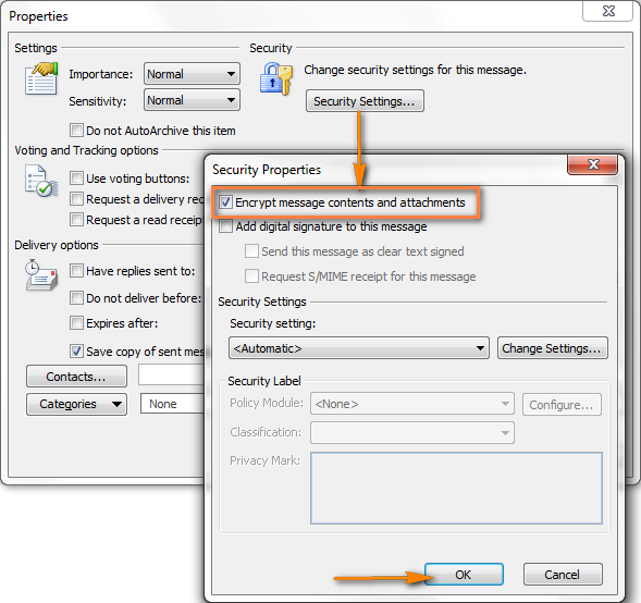 In the Security Properties dialog window, check the 'Encrypt message contents and attachments' check box.