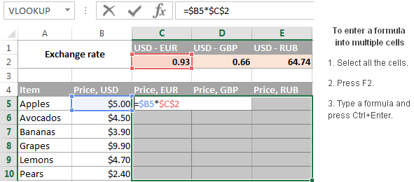 Enter an Excel formula into multiple cells with a single key stroke.