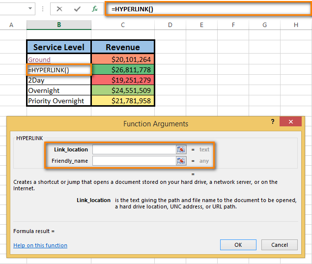 Fill in the link_location and friendly_name text boxes in the Function Arguments dialog window.