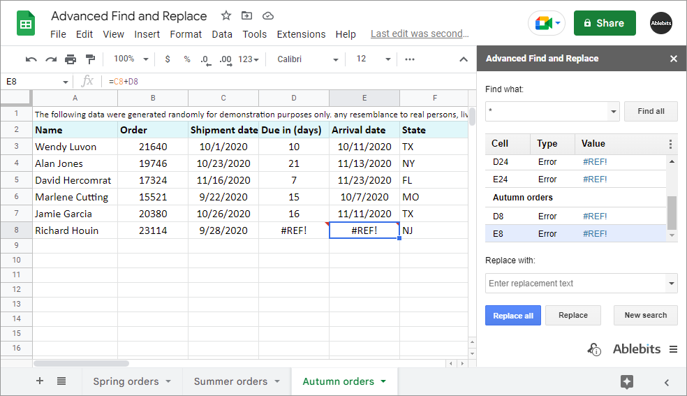 Get all the found errors grouped by sheets and jump to the necessary cells in one click