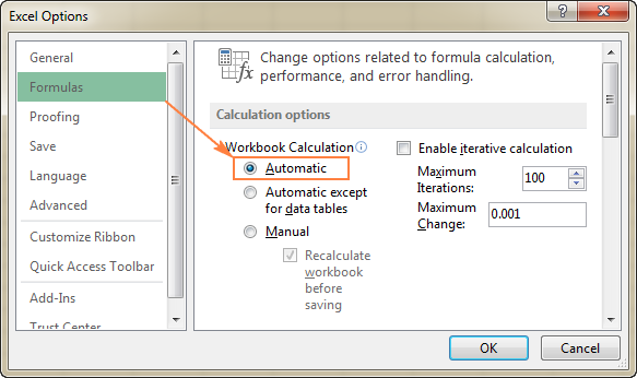 Another way to turn on the Automatic Calculation setting.