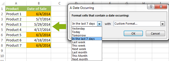 Highlight cells in Excel with dates occurring in the last 7 days.