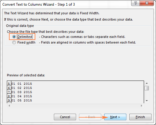 In step 1 of the Convert Text to Columns Wizard, select Delimited and click Next.