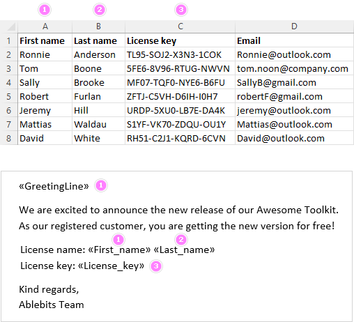 Excel workbook is used for a mail merge in Word.