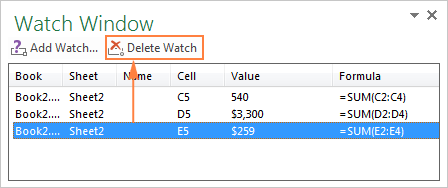 Click the Delete Watch button to remove a cell from the Watch Window.