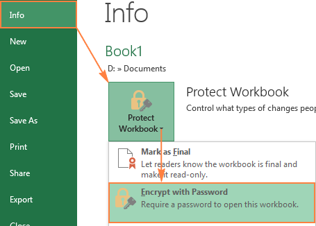 Select the 'Encrypt with Password' option to protect your Excel workbook from opening.