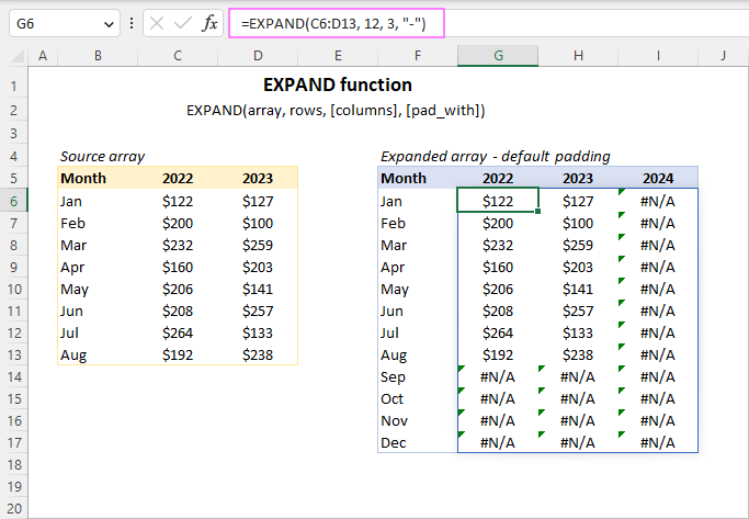 Excel EXPAND function with default padding