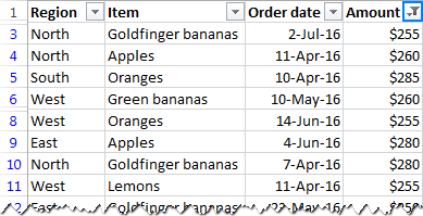 A number filter displays only orders between $250 and $300.