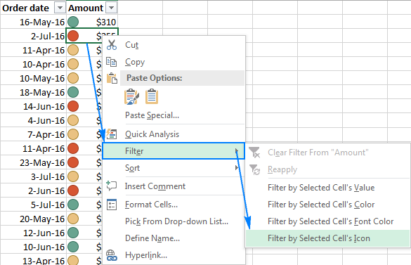 Filtering data by selected cell's icon