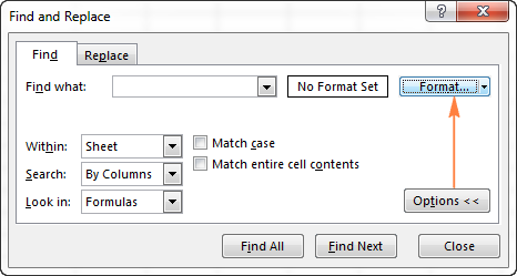 In the Find and Replace dialog, click Options > Format.