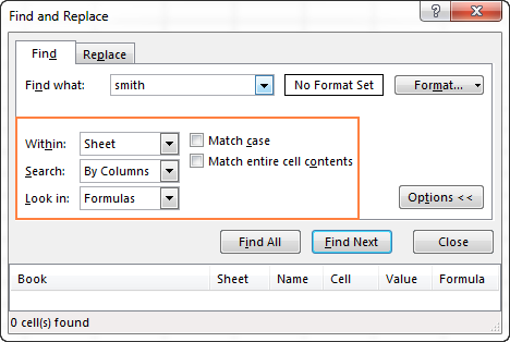 Additional options of Excel Find