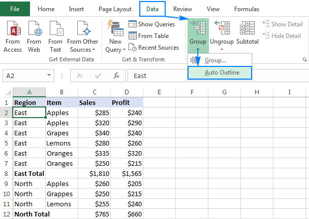 Use Excel's Auto Outline option to group rows automatically.