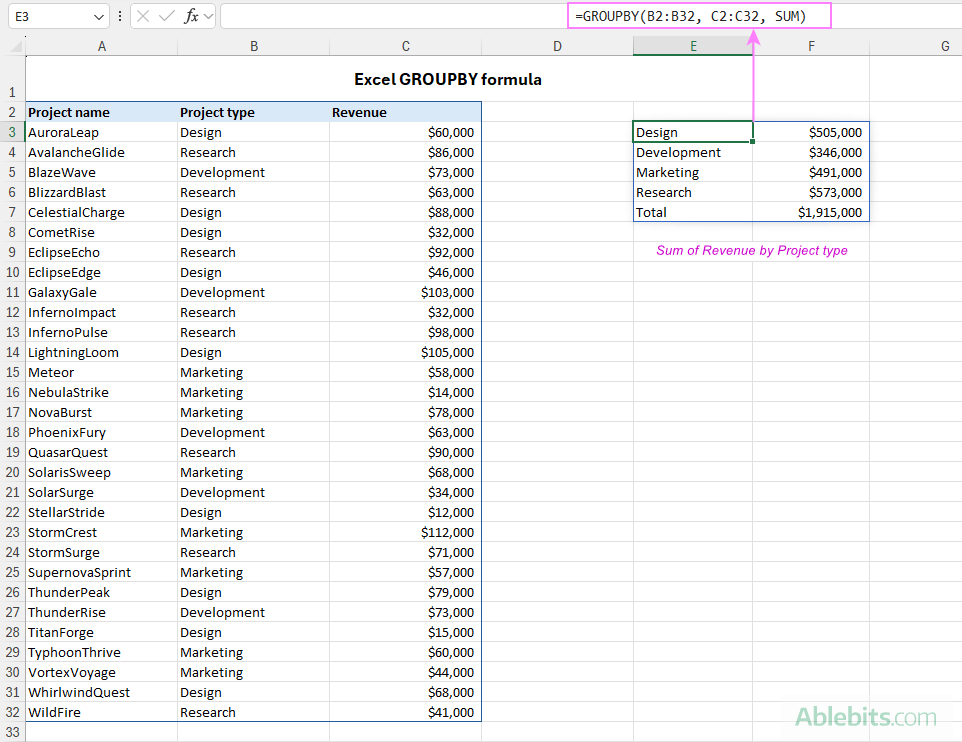 Excel GROUPBY formula