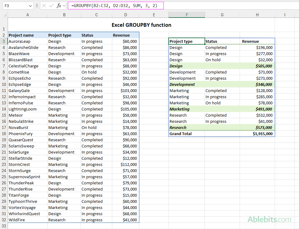 Excel GROUPBY function