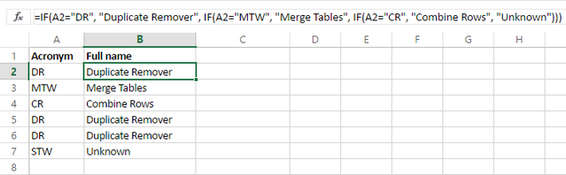 Return full names for acronyms using nested If in Excel