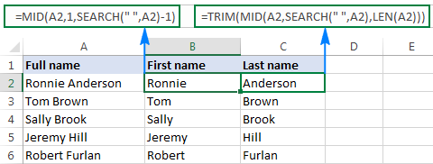 Excel MID formulas to extract the first and last names