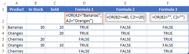 Using the OR function in Excel