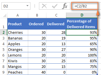 Using the basic Excel percentage formula