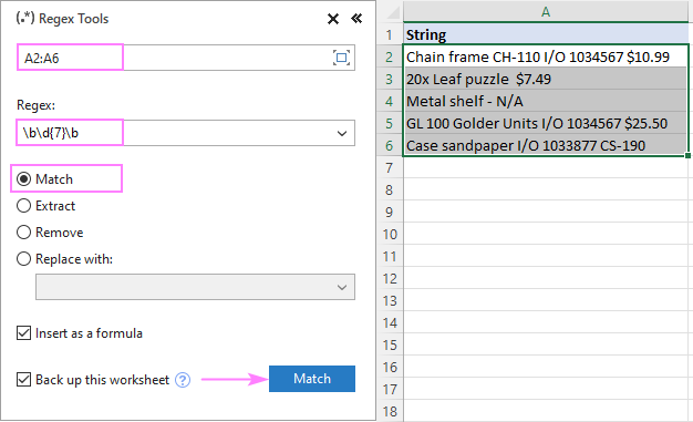 Finding strings using the Regex Match tool