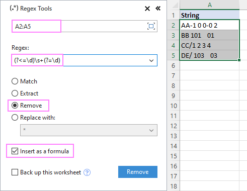 Remove spaces between numbers using regex